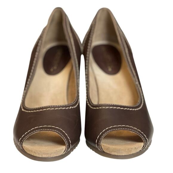 Aerosoles Sleigh Thread Peep Toe Brown Leather Wedge Heels - 8 - Picture 3 of 8